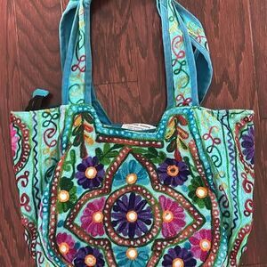 Embroidered 100% cotton DOUBLE SIDED boho India tote with zipper and pocket